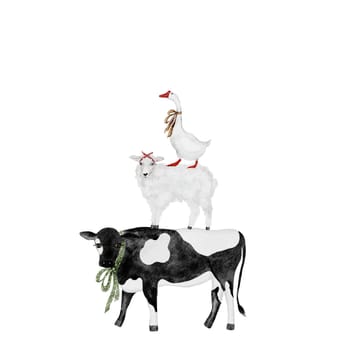 Watercolor illustration of a pyramid of domestic animals. Farm cow,sheep and goose stand on top of each other. Illustration for height gauges and kitchen textiles