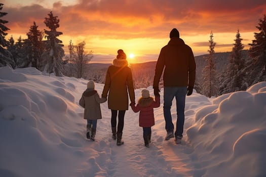 Happy family Father, mother and children are having fun and playing on snowy winter walk in nature. comeliness