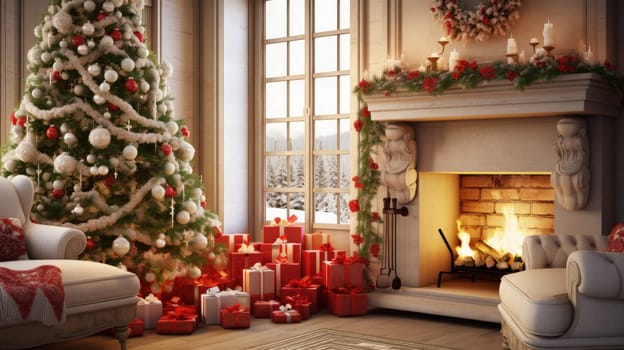 Interior of decorated living room with Christmas tree and comfortable sofa for family comeliness