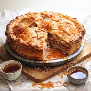 charlotte delicious apple pie with caramel on the plate on white background, watercolor style. Close up side view. AI Generated