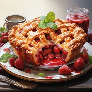 charlotte delicious berry pie with caramel on the plate on white background. Close up side view. AI Generated