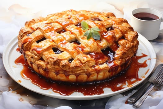 charlotte delicious apple pie with caramel on the plate on white background. Close up side view. AI Generated