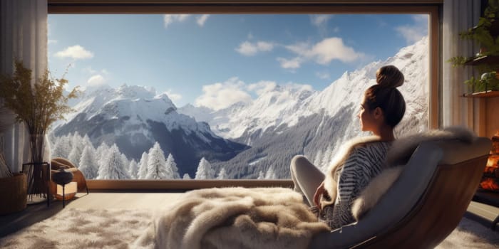 Traveler enjoying weekends inside contemporary barn house in the mountains. Happy tourist looking through panoramic windows in new cottage. comeliness