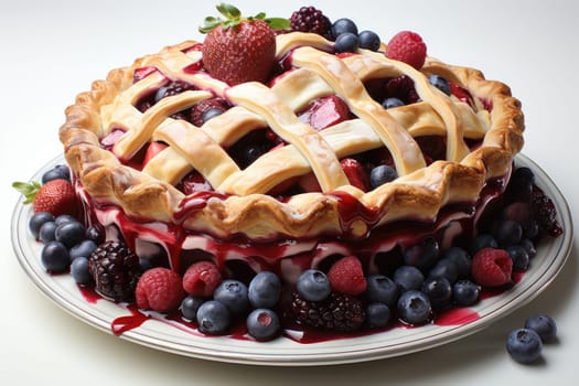 charlotte delicious berry pie with caramel on the plate on white background. Close up side view. AI Generated