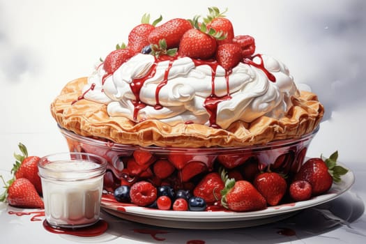charlotte delicious berry pie with caramel on the plate on white background. Close up side view. AI Generated