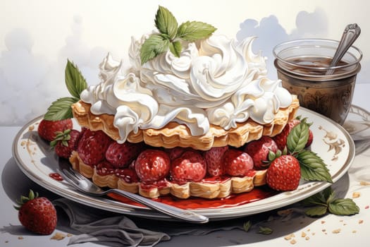 charlotte delicious berry pie with caramel on the plate on white background. Close up side view. AI Generated
