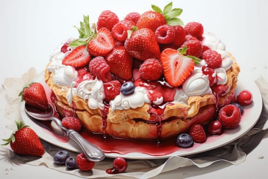 charlotte delicious berry pie with caramel on the plate on white background. Close up side view. AI Generated