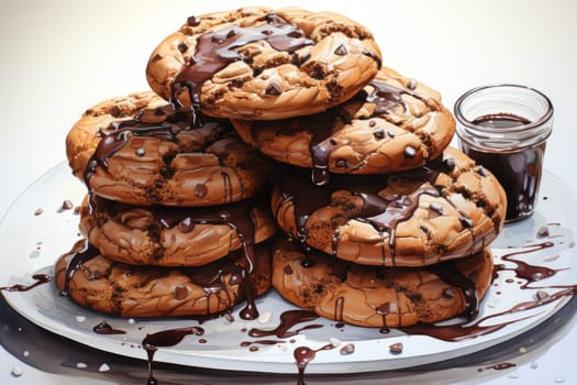 Chocolate cookies in watercolor style, white background. AI Generated