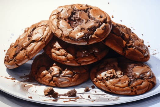 Chocolate cookies in watercolor style, white background. AI Generated