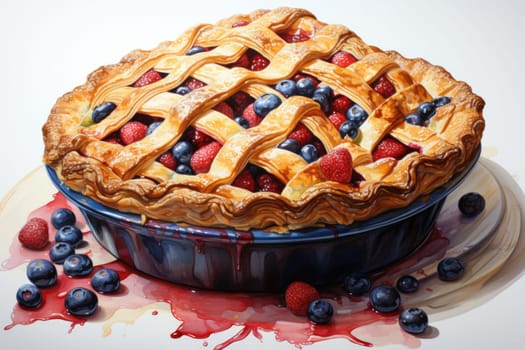 charlotte delicious berry pie with caramel on the plate on white background. Close up side view. AI Generated