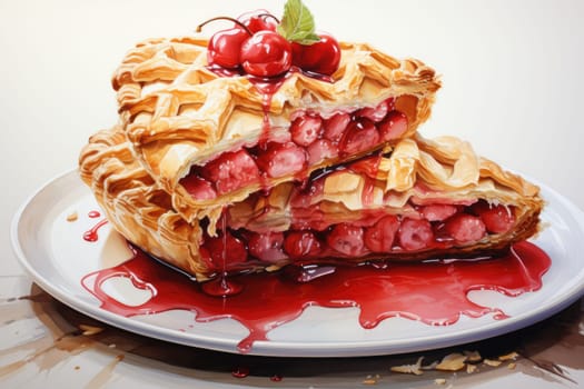 charlotte delicious berry pie with caramel on the plate on white background. Close up side view. AI Generated