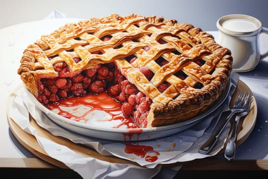 charlotte delicious berry pie with caramel on the plate on white background. Close up side view. AI Generated