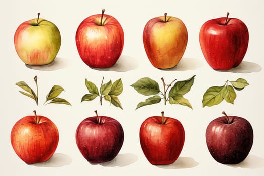 Set of watercolor apples isolated on white. AI Generated