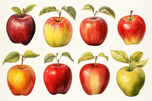 Set of watercolor apples isolated on white. AI Generated