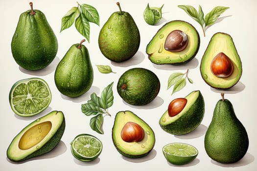 Set of watercolor avocados on white background. AI Generated