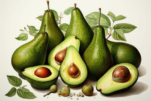 Set of watercolor avocados on white background. AI Generated