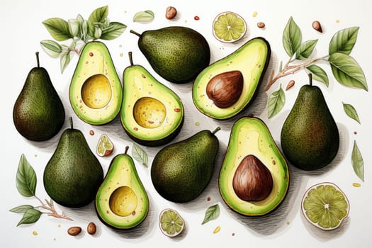 Set of watercolor avocados on white background. AI Generated