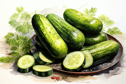 Set of watercolor zucchinis on white background. AI Generated