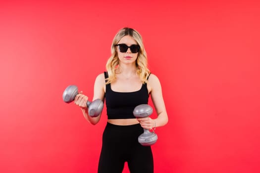 Woman, portrait and fitness, sunglasses and dumbbells, retro fashion accessory and muscle trainings
