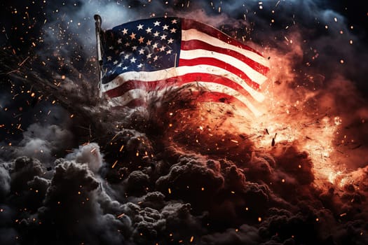 The US flag is on fire and puffs of smoke.