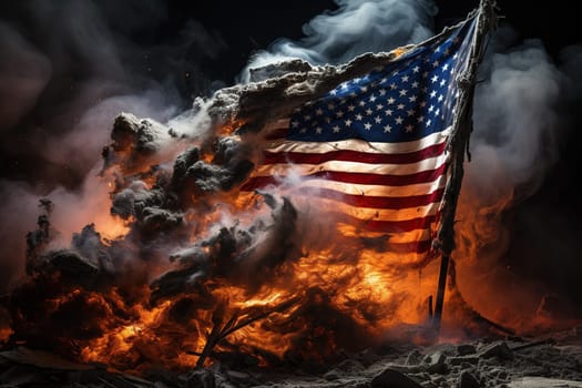 The US flag is on fire and puffs of smoke.