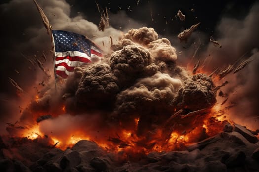 USA flag on a background of fire and smoke.