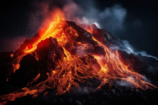 Eruption. Hot lava flows down the surface of the volcano.