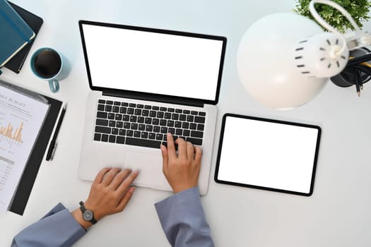 Woman using laptop computer at modern workplace. Empty displays for your advertising text.