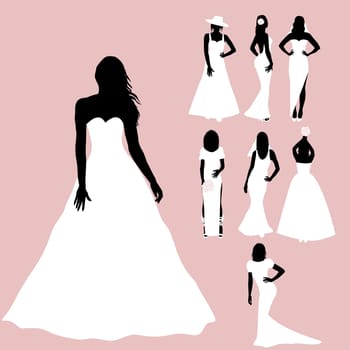 Wedding fashion card with bride silhouettes in different dresses style