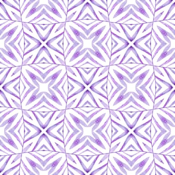 Ikat repeating swimwear design. Purple pleasant boho chic summer design. Watercolor ikat repeating tile border. Textile ready delightful print, swimwear fabric, wallpaper, wrapping.
