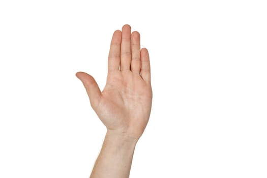 male hand with open palm on white background