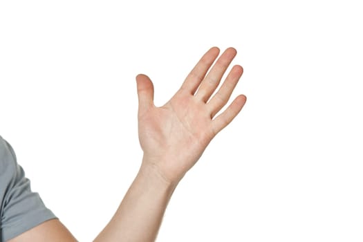 male hand with open palm on white background