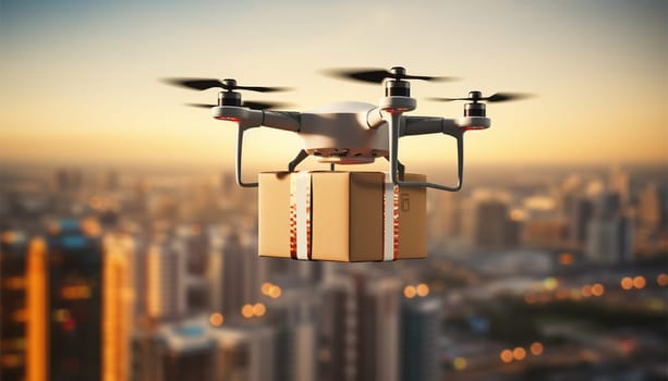 Drone delivery flying with package in the city. UAV drone delivery delivering big brown post package into urban city.Unmanned aircraft system UAS. close up