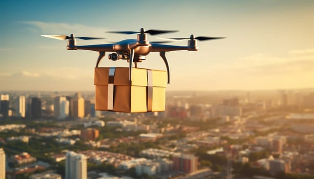 Drone delivery flying with package in the city. UAV drone delivery delivering big brown post package into urban city.Unmanned aircraft system UAS. close up