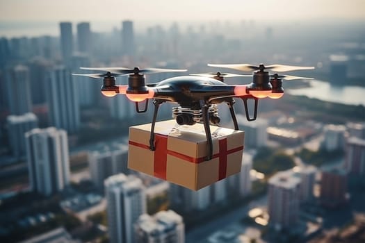 Drone delivery flying with package in the city. UAV drone delivery delivering big brown post package into urban city.Unmanned aircraft system UAS. close up