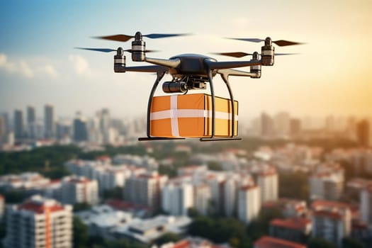 Drone delivery flying with package in the city. UAV drone delivery delivering big brown post package into urban city.Unmanned aircraft system UAS. close up