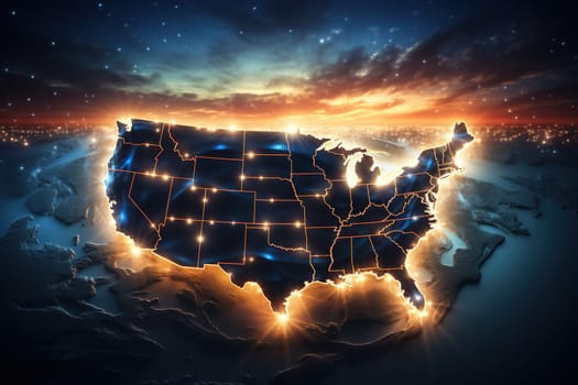 Image of a map of the USA against the background of planet Earth with a beautiful sky.