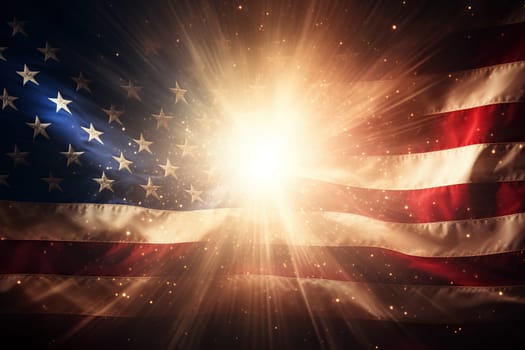 US flag close-up in bright golden rays.