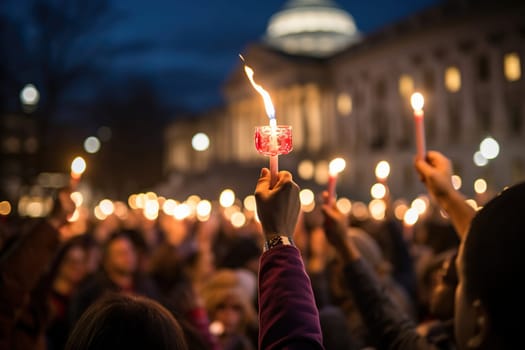 A man's hand with candles on a blurred background in the crowd.