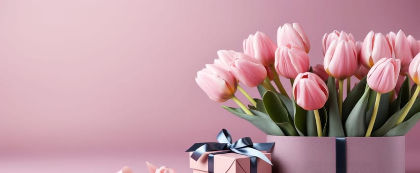 Fresh tulips and a box with a gift. Copy Space. Happy Valentine's Day, Mother's Day, International Women's Day, Birthday card.