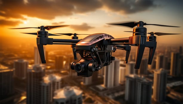 Drone flies in the city. Drone quad copters with high resolution digital camera flying aerial over spectacular sunset orange sky. Cityscape silhouette with sun goes down in the background. Vehicle at sundown and copy space technology