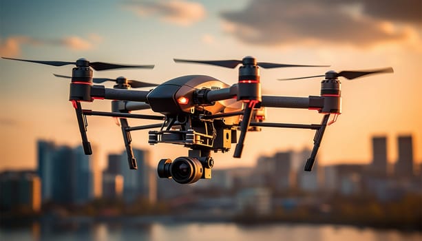 Drone flies in the city. Drone quad copters with high resolution digital camera flying aerial over spectacular sunset orange sky. Cityscape silhouette with sun goes down in the background. Vehicle at sundown and copy space technology