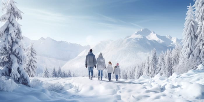 Happy family Father, mother and children are having fun and playing on snowy winter walk in nature. comeliness