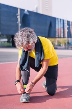 vertical photo of a senior sports man tying his running shoes before workout, concept of healthy and active lifestyle in middle age