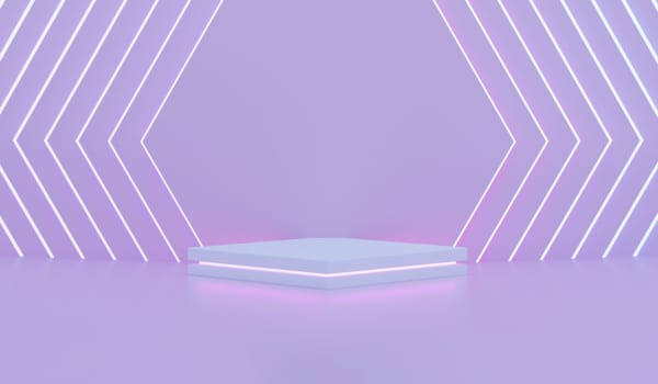 Neon podium for party products on gradient purple and pink background. 3D rendering.