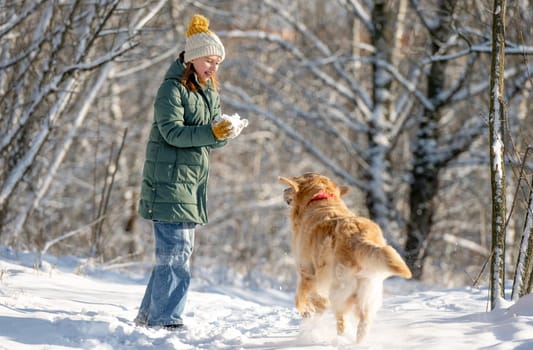 Small Girl With Golden Retriever Plays With Snow In Winter Forest