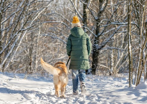 Girl Strolls With Golden Retriever In Winter Forest, View From Back, Walking With Dog Through Snow-Covered Woods