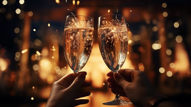 Close-up of a couple's hands clinking glasses of champagne, against a background of golden glowing New Year's lights on a bokeh-style background.Congratulations concept