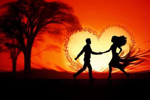 Silhouette of a loving couple of a man and a woman against a sunset background, the concept of love and relationships. Valentine's day background.