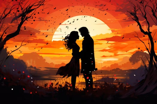 Silhouette of a loving couple of a man and a woman against a sunset background, the concept of love and relationships. Valentine's day background.